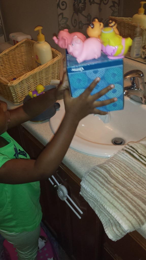 Let's go to the airport! The toys are taking a ride on the tissue box airplane. Buckle up.